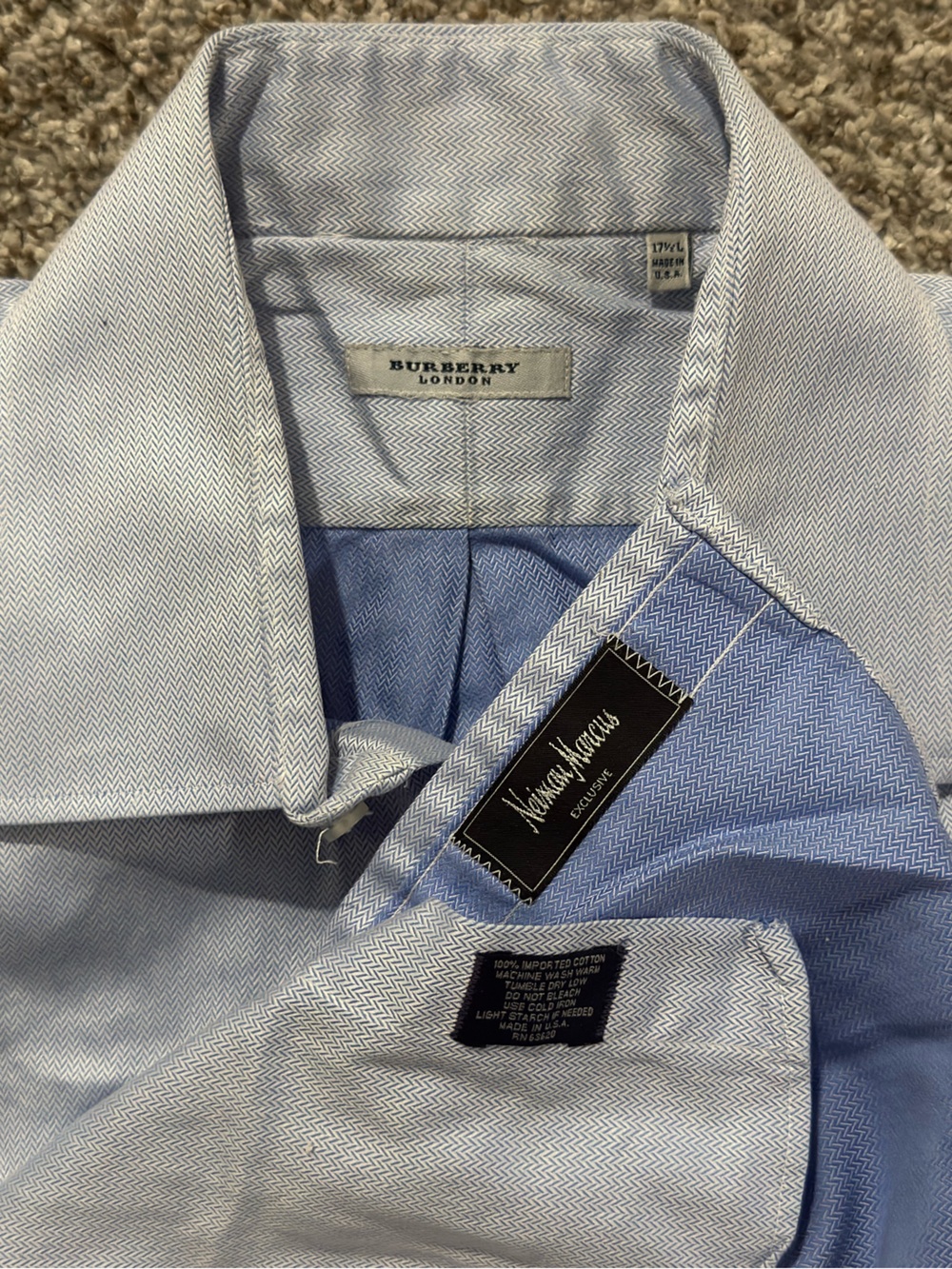 Burberry London Men’s Dress Shirt 17.5 L Blue Herringbone French Cuff USA Made